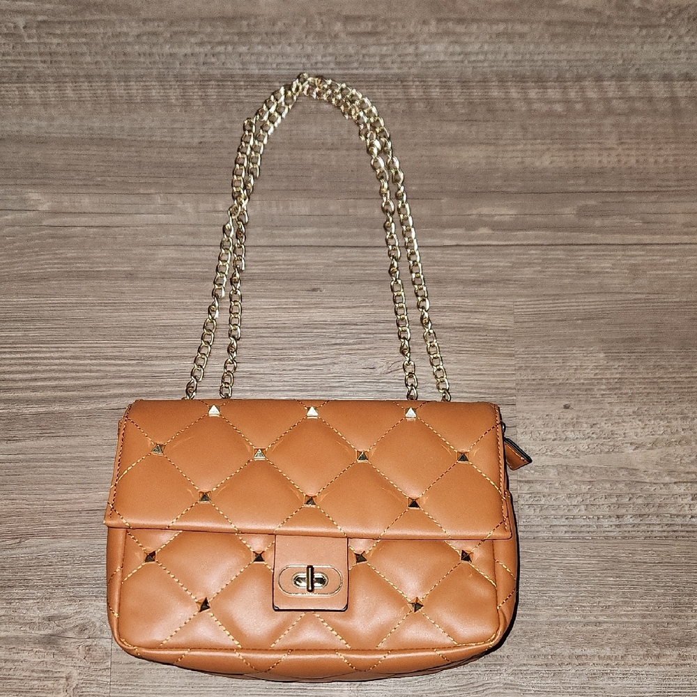 Tan Quilted Rockstud Purse